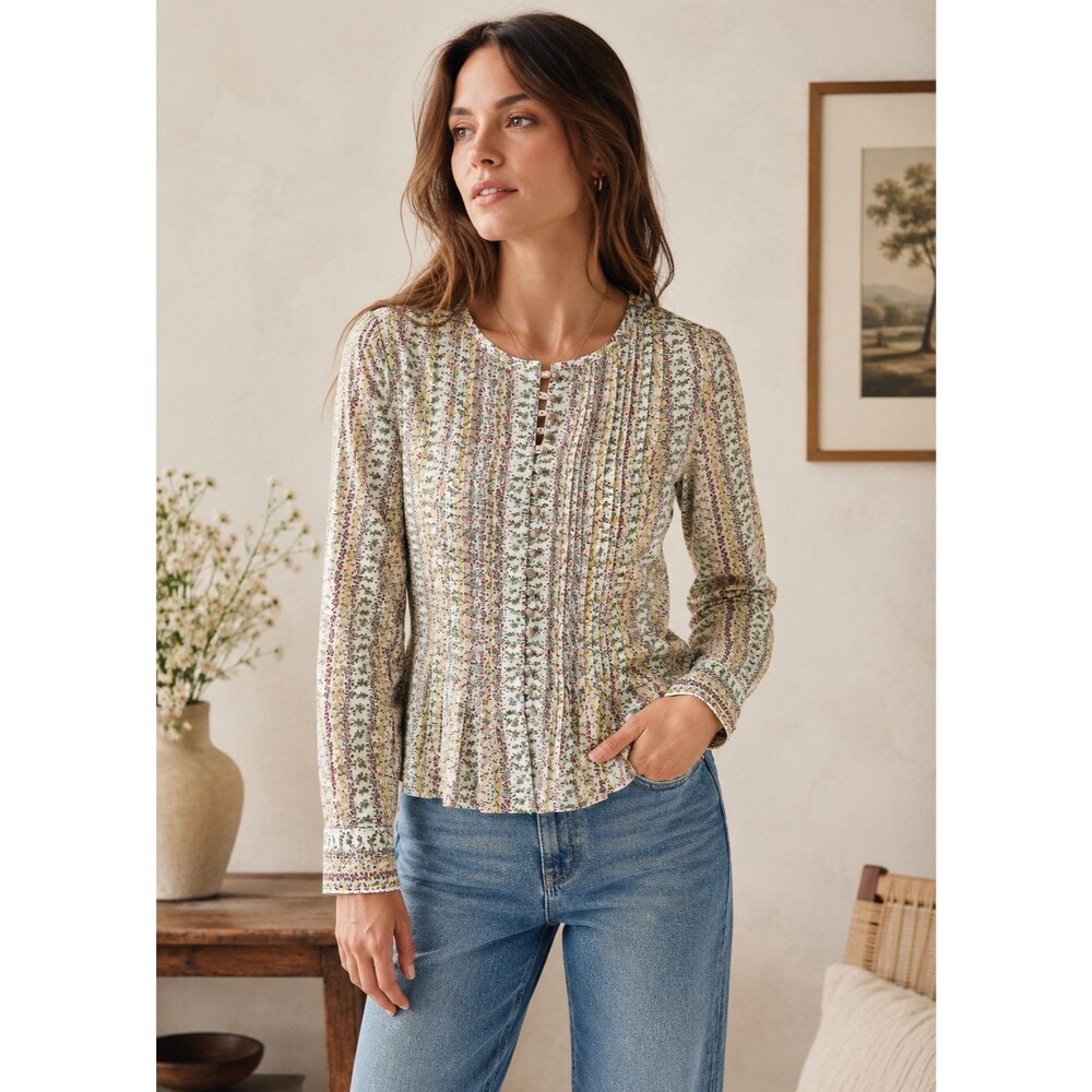Anthropologie Maeve Gelise Floral Pintuck Pleated Cotton Blouse Prairie Sz S